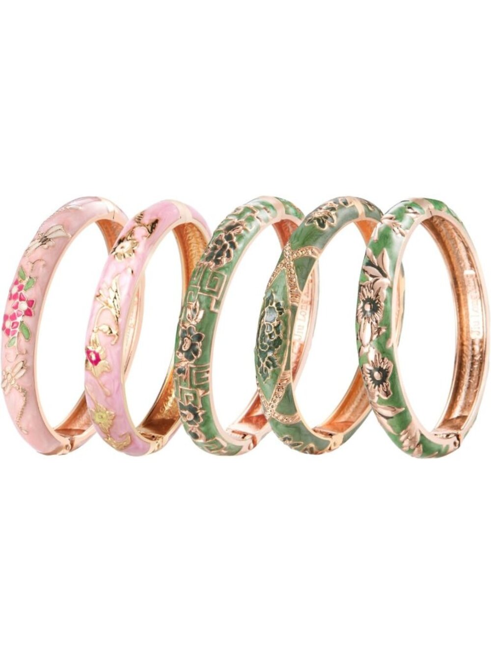 5-Piece Enamel Cloisonne Bracelet Set - Rose Flower Engraved Bangles Jewelry